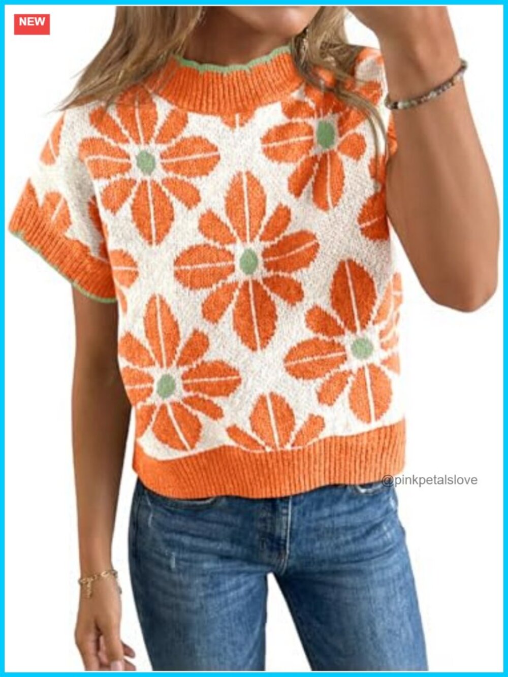 Saodimallsu Womens Floral Sweater Short Sleeve Crew Neck Loose Knit Pullover